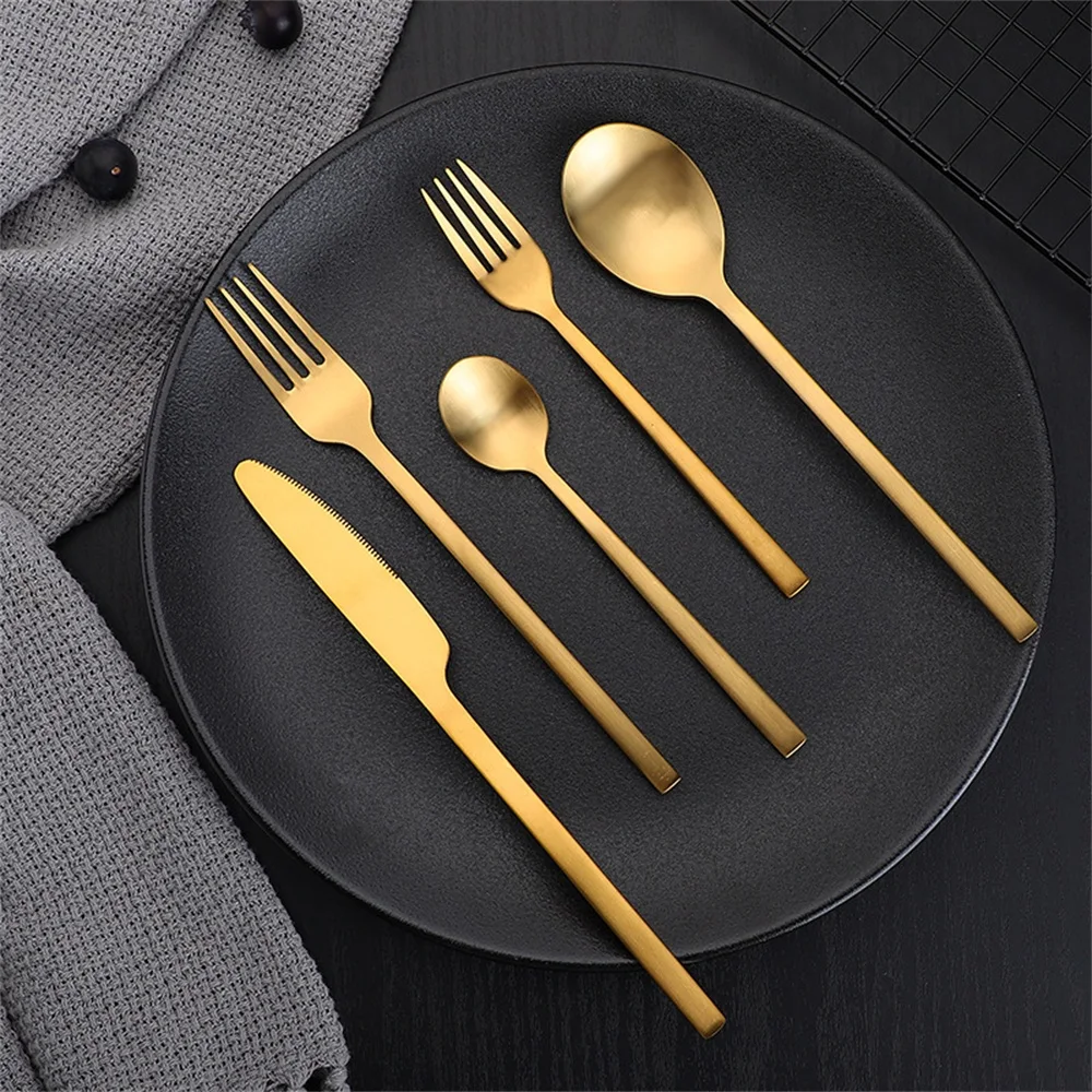 

5PC/set Golden Retro Cutlery Set Stainless Steel Knife Fork Coffee Spoon Tableware Kitchen Western Food Knife Fork Cake Spoon