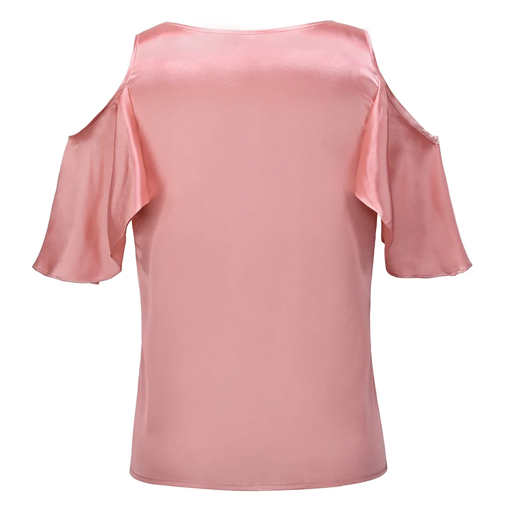 

2020 Women Tops Silk Satin Shirt V Neck Lace Applique Blouse Red Pink Shirt Short Sleeves Tops Office Daily Wear HYG-2066