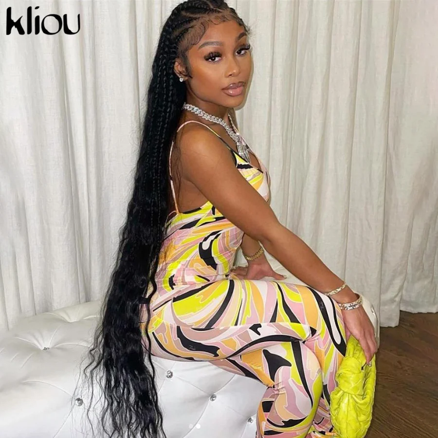 

Kliou Aesthetic Print Jumpsuit Women 2021 Sexy Low-Neck Backless Skinny Sleeveless Overall Hot Female One Piece Party Clubwear