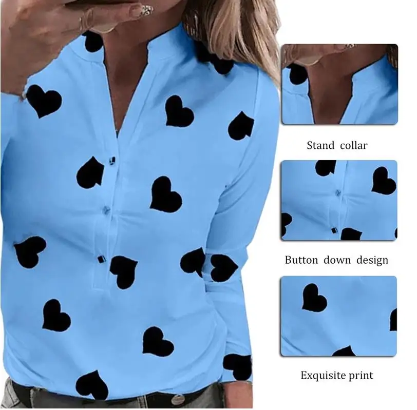 

Elegant Women's Heart Print Blouse 2020 Autumn Casual Long Sleeve V Neck Tops Shirts Ladies Fashion Buttons Flower Blouses