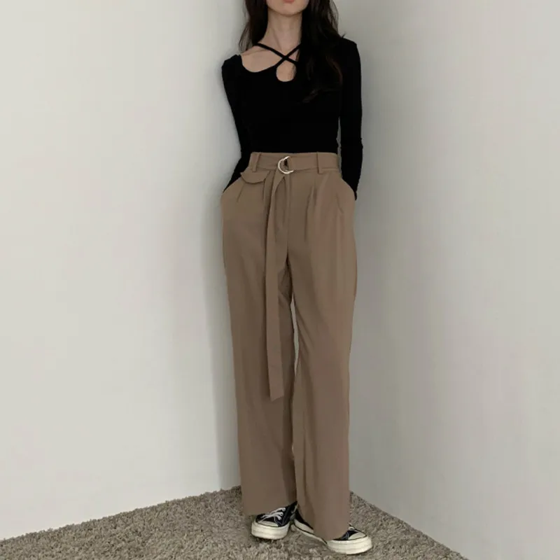 Женские осенние свободные длинные широкие брюки с высокой талией повседневные