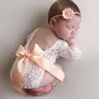 Кружевная одежда для фотосъемки новорожденных, наряд для маленьких девочек, комбинезон с V-образным вырезом и бантом, реквизит для фотосъемки из двух предметов на день рождения