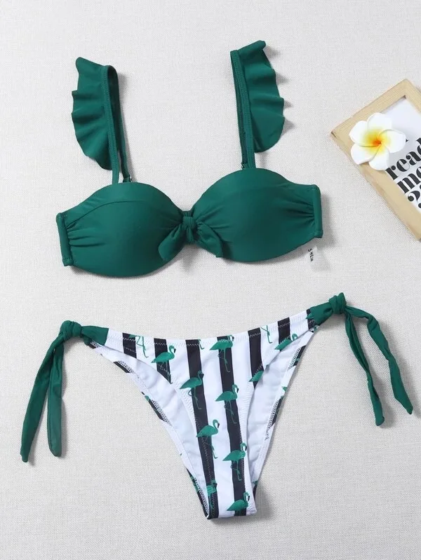 

Striped Lace Ruffle on Push Women's Bralette Swimsuit Women Swimwear Bra Cup Bikini Set High Help Swimsuit