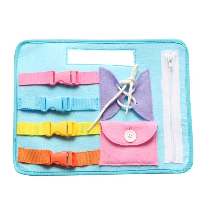 

Portable Baby Soft Cloth Activity Board Non-Toxic Early Learning Basic Life Skill Toy- Zip, Button, Buckle, Snap and Tie, Blue