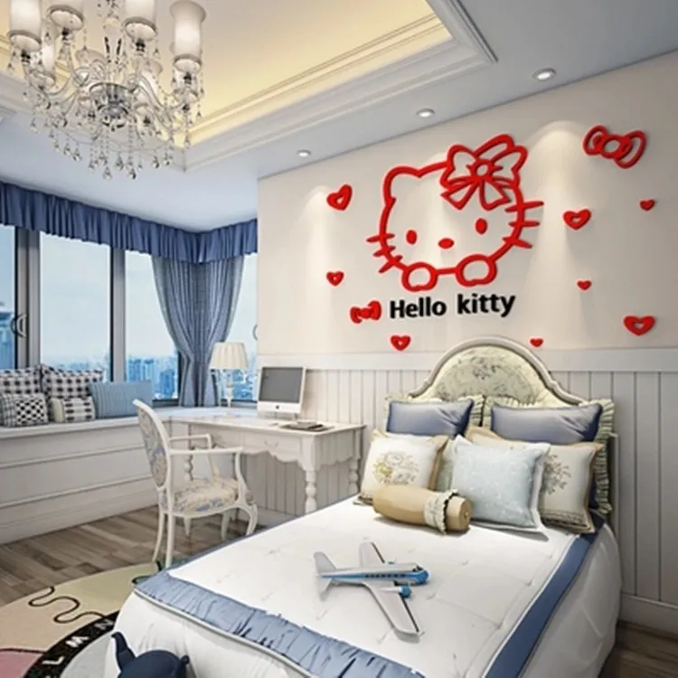 Hello kitty кошка акриловые 3D наклейки на стену детская комната мультфильм клейкая бумага спальня прикроватные настенные украшения