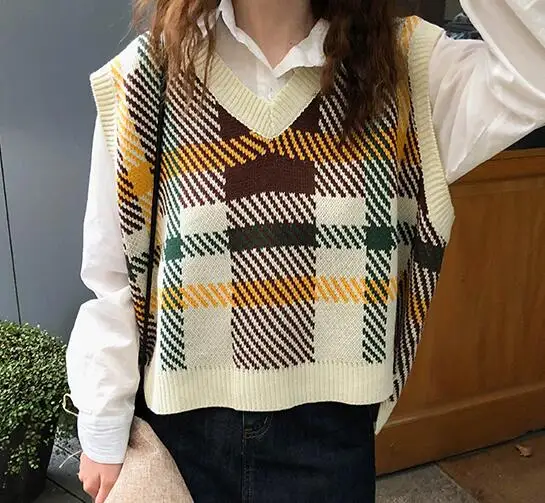 beige plaid 3 цвета осень и зима корейский стиль плед без рукавов свитер майки с v-образным вырезом женские(X970 - Цвет: beige plaid