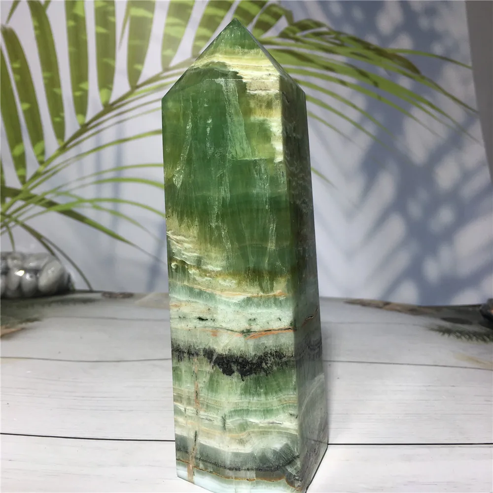 

Natural Stone Caribbean Green Calcite Crystal Hexagon Wand Point Healing Tower Home Decoration Wicca Gemstones