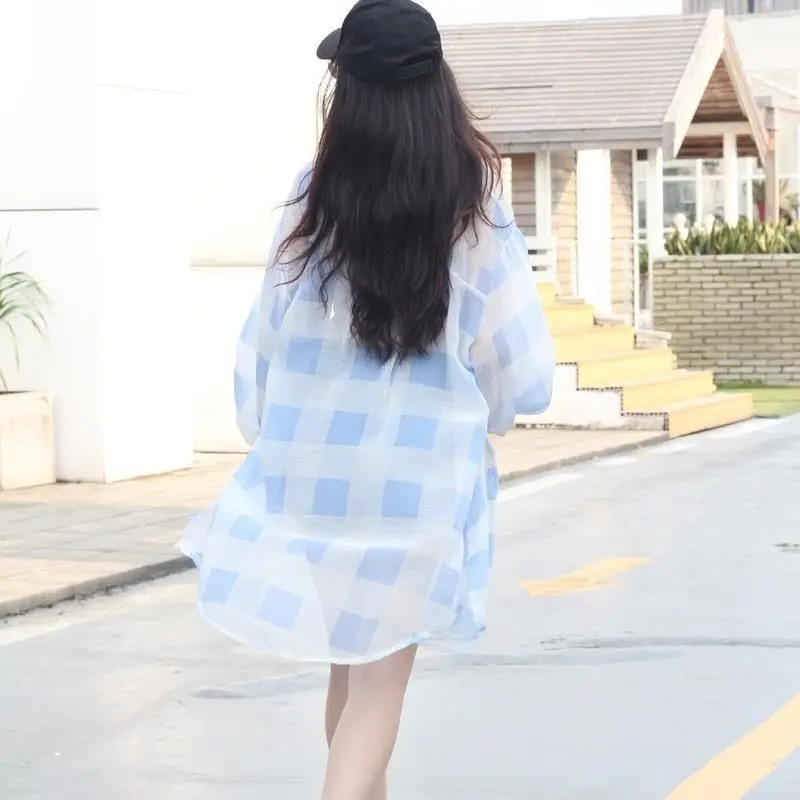 

2021 Women Summer Fashion Plaid Long Sleeve Chiffon Shirt Kimono Cardigan Ladies Casual Loose Sun-protective Blouse Tops L475