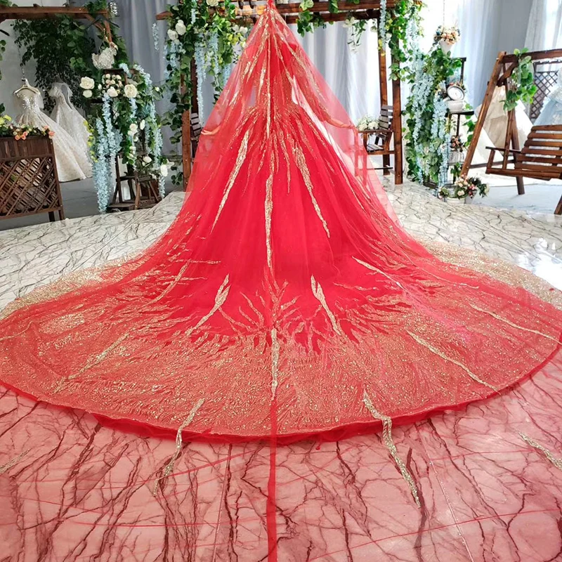 HTL795 muslim wedding dress with bridal veil beading pattern high neck long sleeves golden lace wedding gown red vestido novia