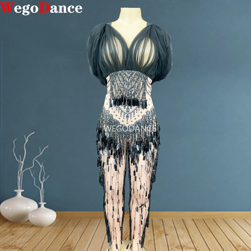 

Women Sexy Mesh Tassel Sequin Bodysuit Nightclub Prom Celebration DJ Singer Stage Jumpsuit Dancer Stretch Skinny Nude Rompers