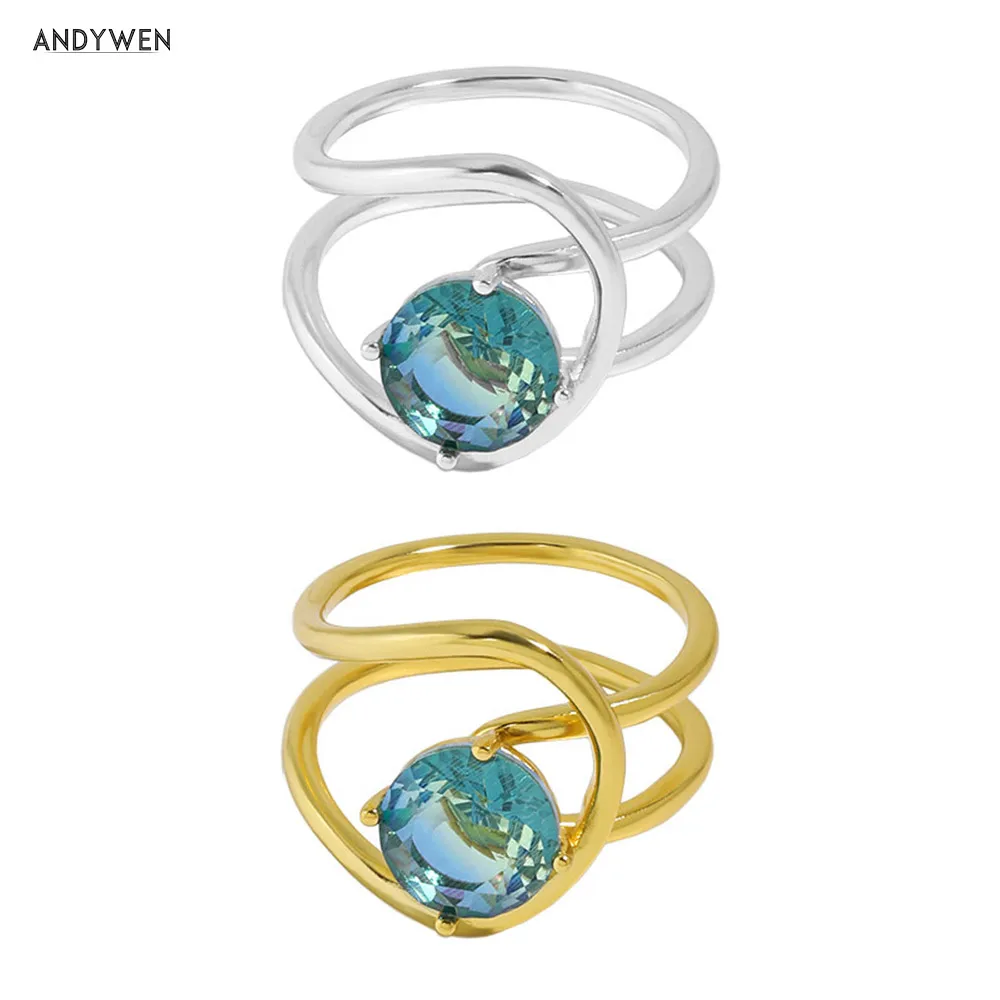 

ANDYWEN 925 Стерлинговое Серебро Большой Синий Циркон изменяемый круглый нестандартный геометрический Регулируемый Женский свадебный ювелирн...