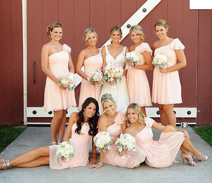 

blush bridesmaid dress peach one shoulder vestido de casamento curto peach vestido de dama de honra coral dress to wedding party