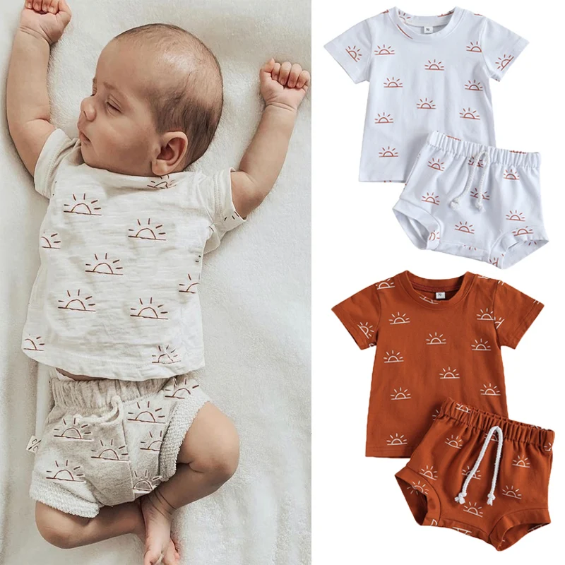 

0-3Years Newborn Baby Boys Girls Summer Casual Outfits Sun Print O-neck T-shirts+Shorts Pants Children Holiday Cotton Clothing