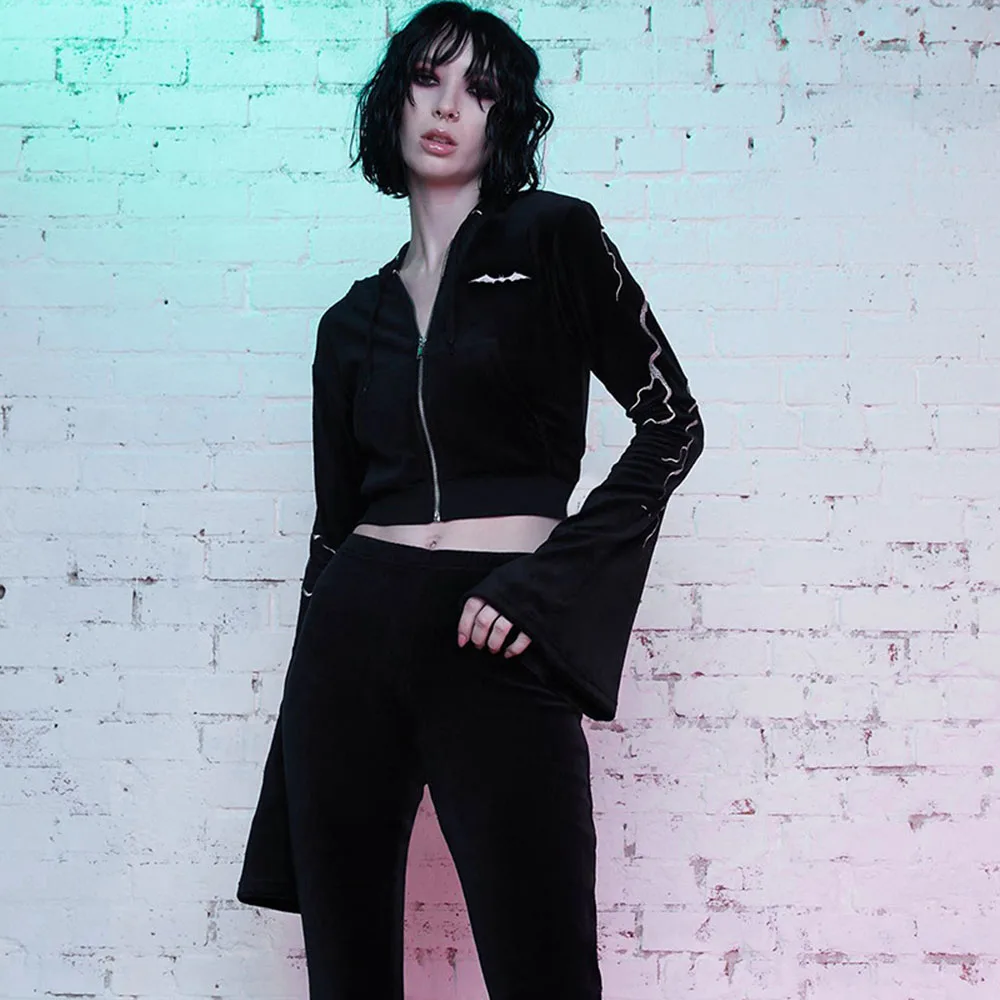 

Женский костюм из двух предметов, готический костюм с капюшоном и расклешенными рукавами, на молнии, Осень-зима 2021