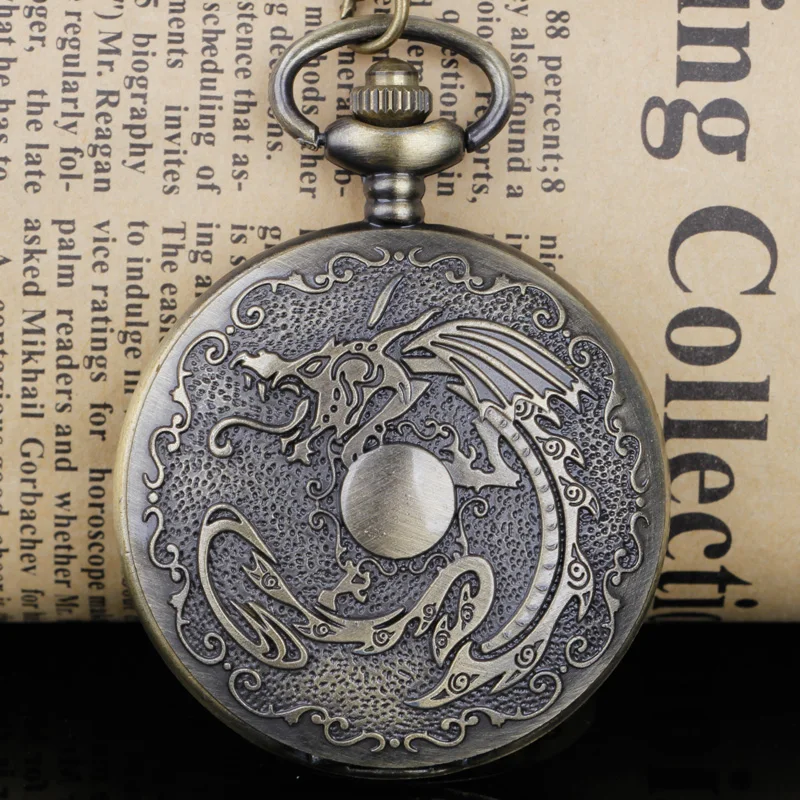 

Steampunk Vintage Antique Fiery Dragon Fire Quartz Pocket Watch Necklace Pendant with Chain Gift White Dial for Men Woman CF1040