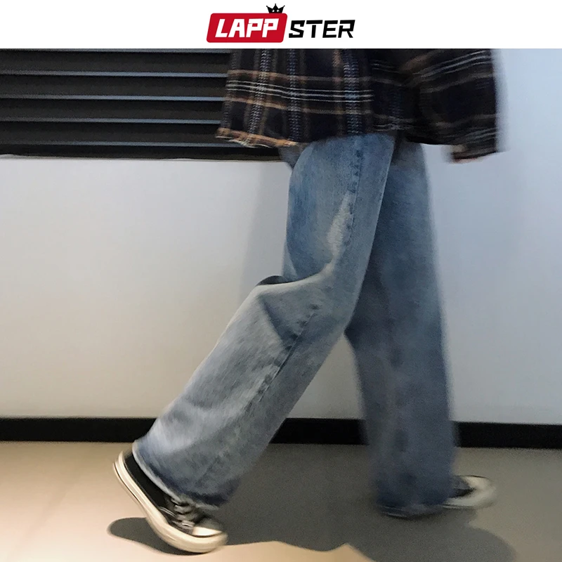 LAPPSTER мужские корейские модные джинсы с высокой талией хип-хоп винтажные прямые шаровары Harajuku синяя уличная джинсовая одежда