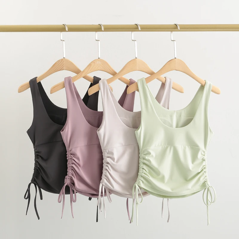 Nylon Drawstring Tank Top  Sleeveless Yoga Shirt  Women Compression Workout Top Sports Shirt with Padded Bra