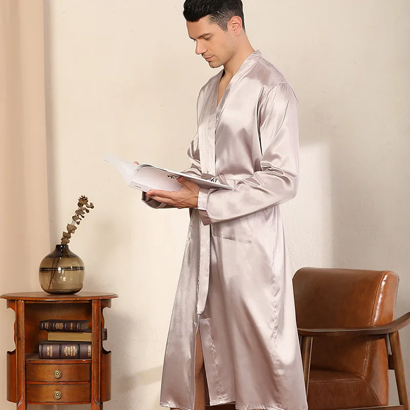 Bata de baño de seda satinada para hombre, ropa de dormir de Color sólido, Kimono de alta calidad, camisón informal, pijama
