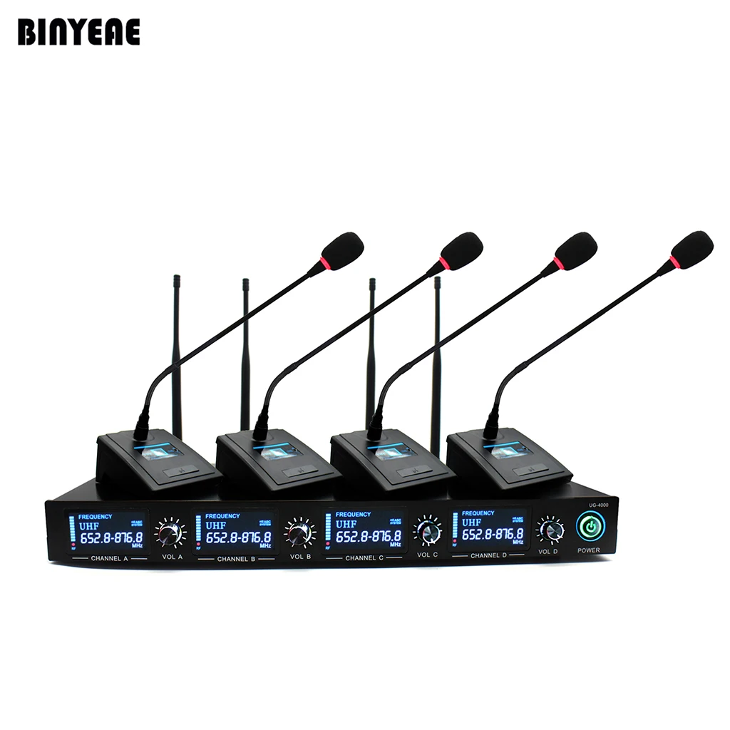 

BINEAE UG-4000 Professional Four Channel Dynamic Conference Room Wireless Microphone System 4 Table Stand Mics for Meeting