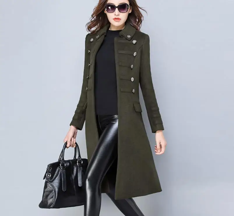 army green Осенне-зимнее шерстяное пальто в стиле милитари со стоячим воротником женское двубортное тонкое шерстяное пальто - Цвет: army green
