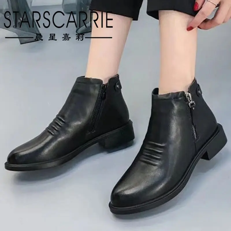 

Winter first layer cowhide plus velvet women's boots thick-heeled leather boots low-top winter Korean women's Chelsea boots