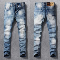 newly vintage fashion men jeans retro light blue elastic slim fit ripped jeans men embroidery designer casual denim hole pants