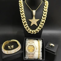 luxury men gold watch necaklce braclete ring earrings combo set ice out cuban jewerly crystal miami neckalce chain