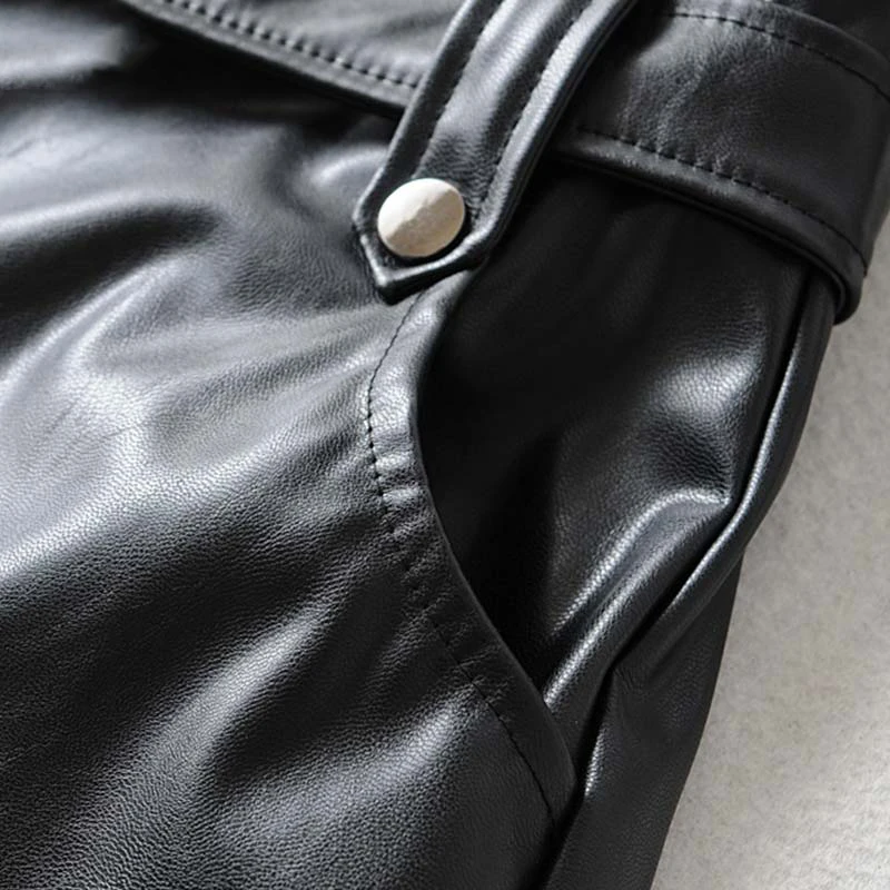 

Vintage PU leather skirt women bow tie belt pockets faux pleated skirt casual high waist skirt winter black skirt falda polipiel