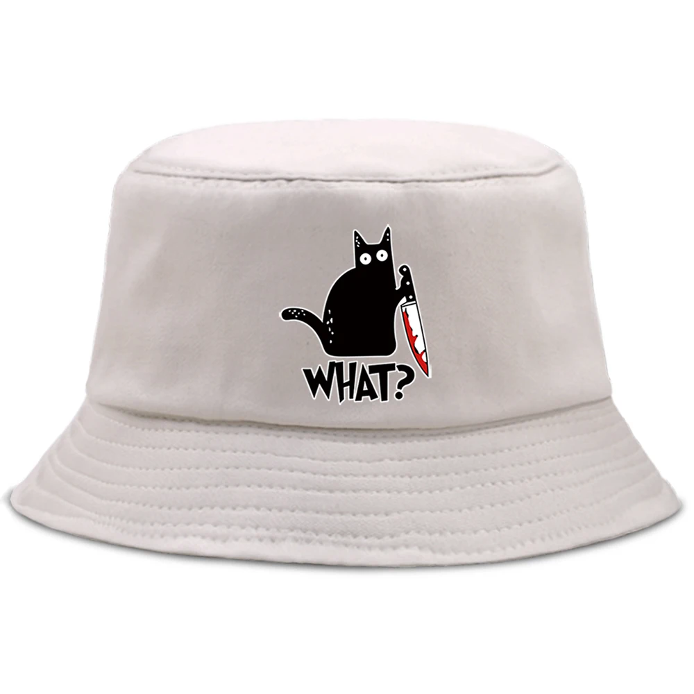 Little Black Cat And Knife Funny Letter Men'S Panama Hat Unisex Fashion Bucket Hats For Man Casual Cotton Women Fisherman Caps