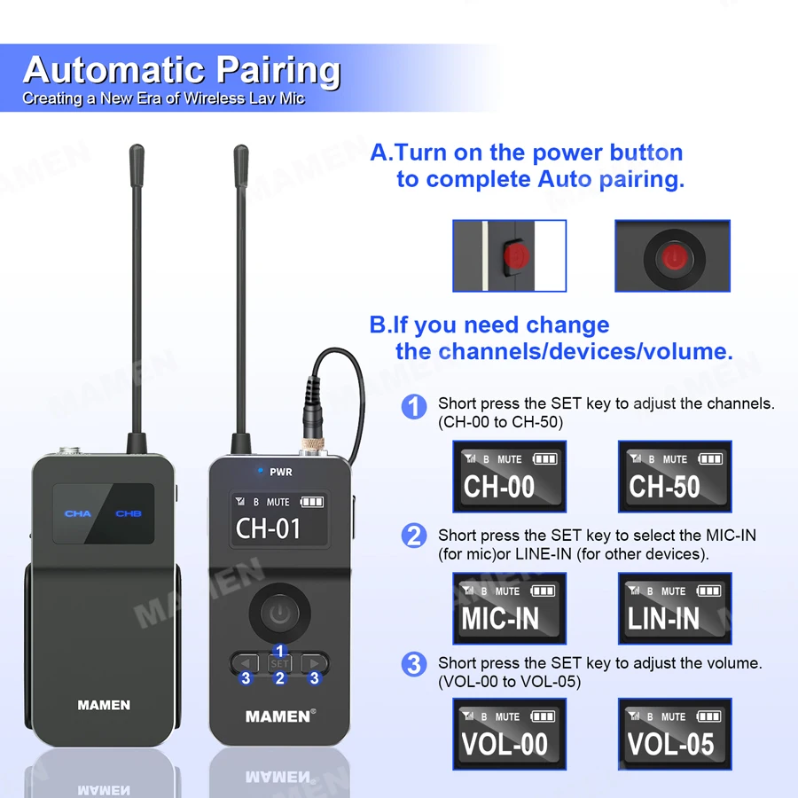 Профессиональный беспроводной петличный микрофон MAMEN UHF набор с передатчиком и