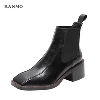 autumn women ankle boots cowhide natural leather plus size women shoes europe and america square head chunky heel chelsea boots