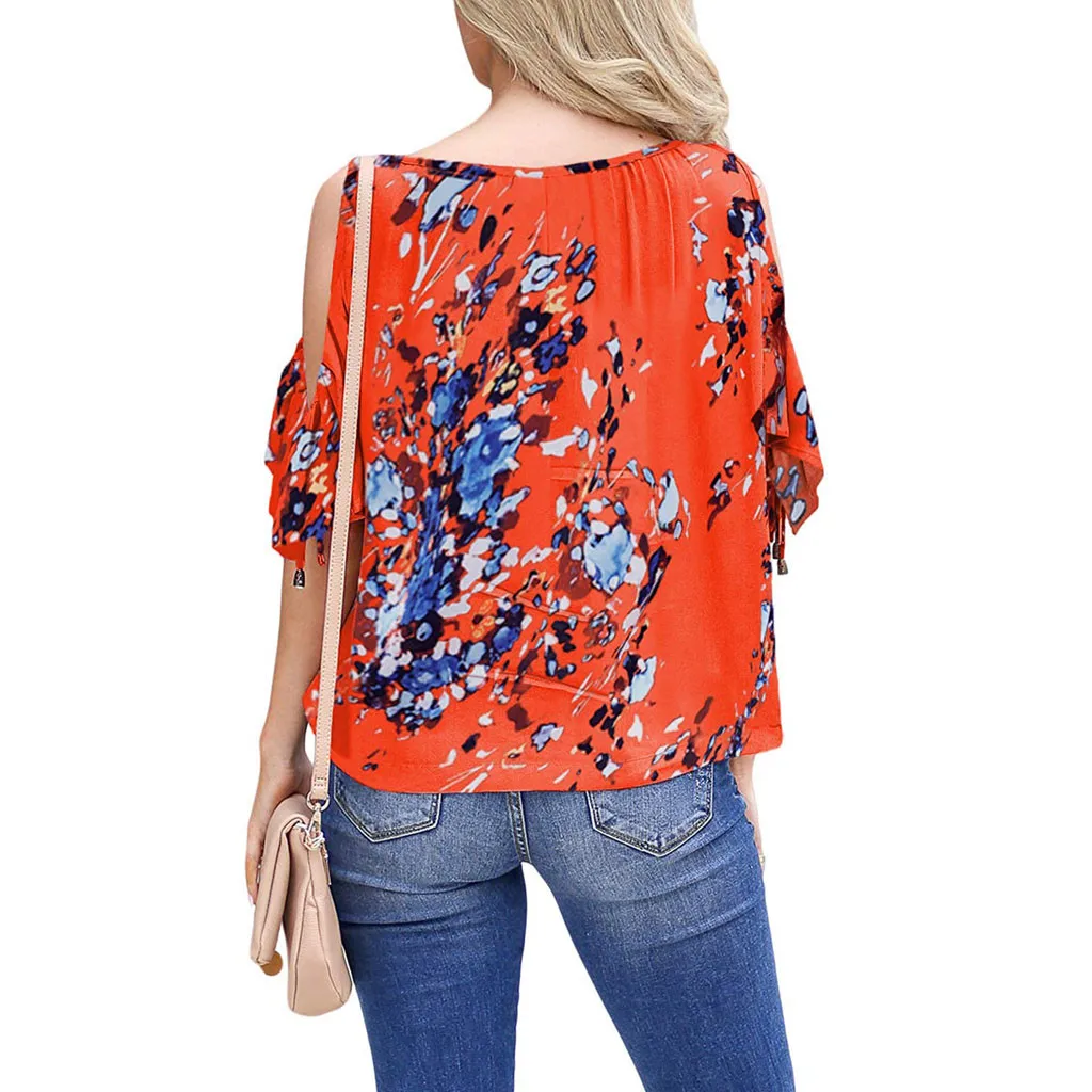 

Nice Summer Women Tshirt VogueShort Sleeve Tops Tee Sexy Shoulder Deep V Neck Off Floral Print T-Shirt Woman Loose VogueTop