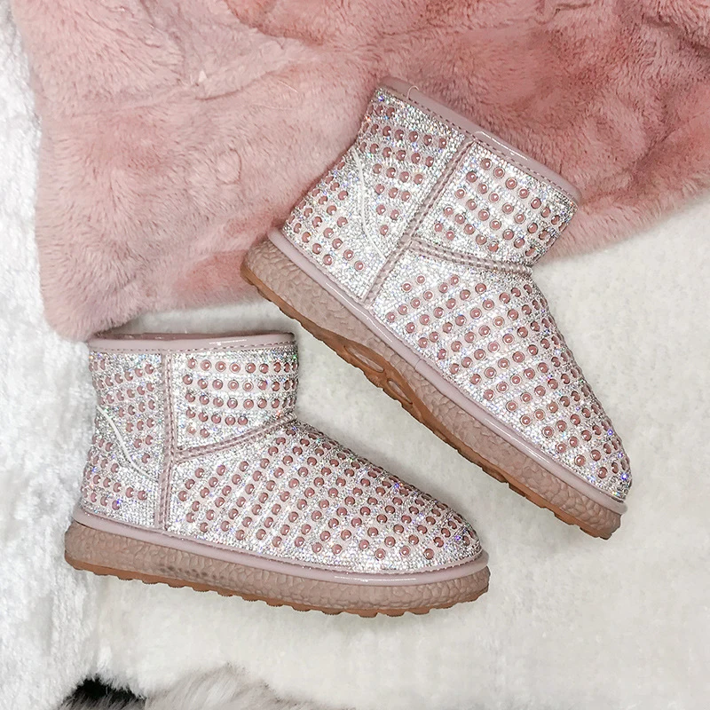 Стразы женские теплые ботинки с блестящими кристаллами зимние женская обувь из