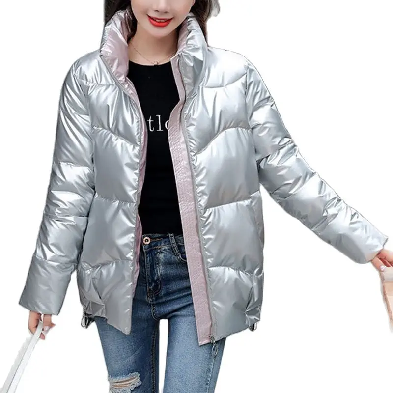 

Повседневное блестящее короткое Стеганое пальто 2021, зимнее свободное пуховое Стеганое пальто, плотное пальто, корейская мода, женская одеж...