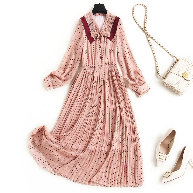 

2021 Spring Korean High End Women's Lace Belt Bow Tie V Neck Long Sleeves Elastic Waist Pleated Polka Dot Print Chiffon Dress