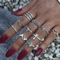 10 pcsset vintage plain flowers arrow silvery rings geometric stackable airplane leaf wave womens ring retro unusual jewelry