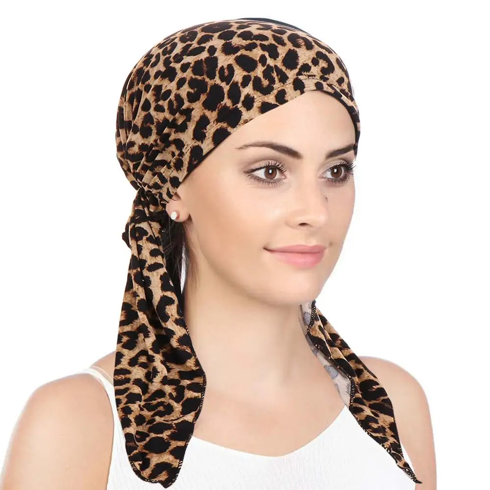 

women leopard printed turban hijab caps female headscarf bonnet muslim head wraps long tail durag turbante mujer