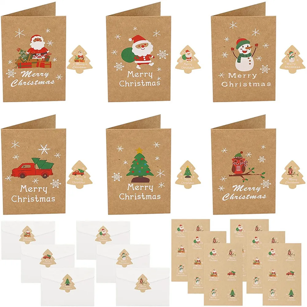 

EZONE 36pcs/set Christmas Cards With Envelopes And Stickers Kraft Paper Merry Christmas Message Card Folding Design 6 Patterns