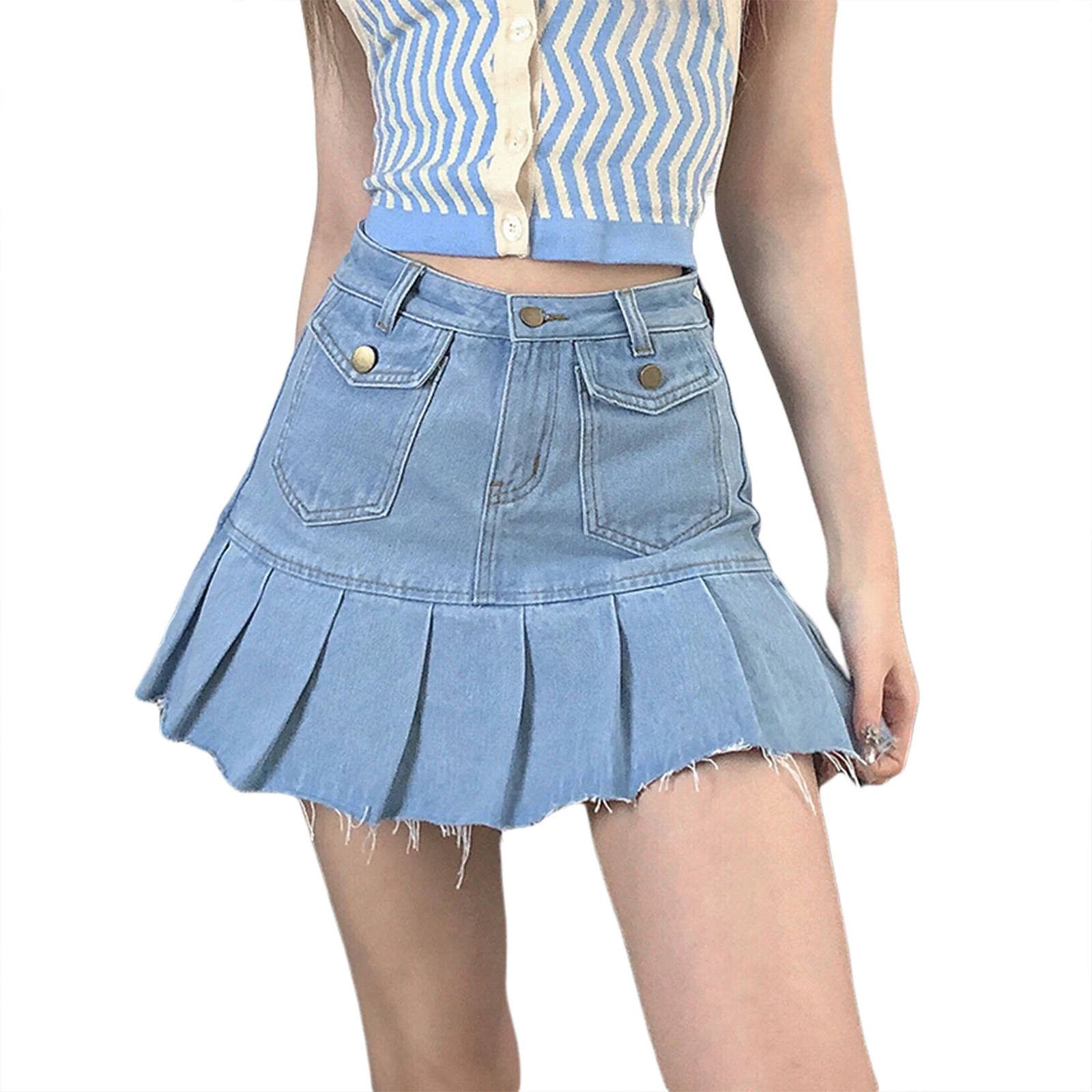 

2021 Summer Women’s Korean Solid Color Denim Skirt Fashion High-waist Frayed A-line Pleated Short Skirt,Blue,S/M/L