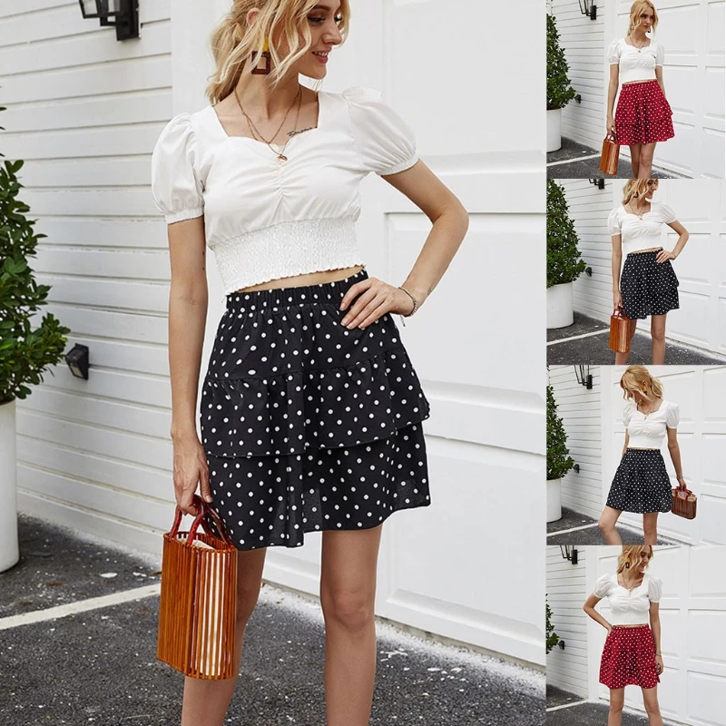 

Women Polka Dot Print Casual Cake Skirt Swing Beach Mini Short Skirts Summer Party Clubwear