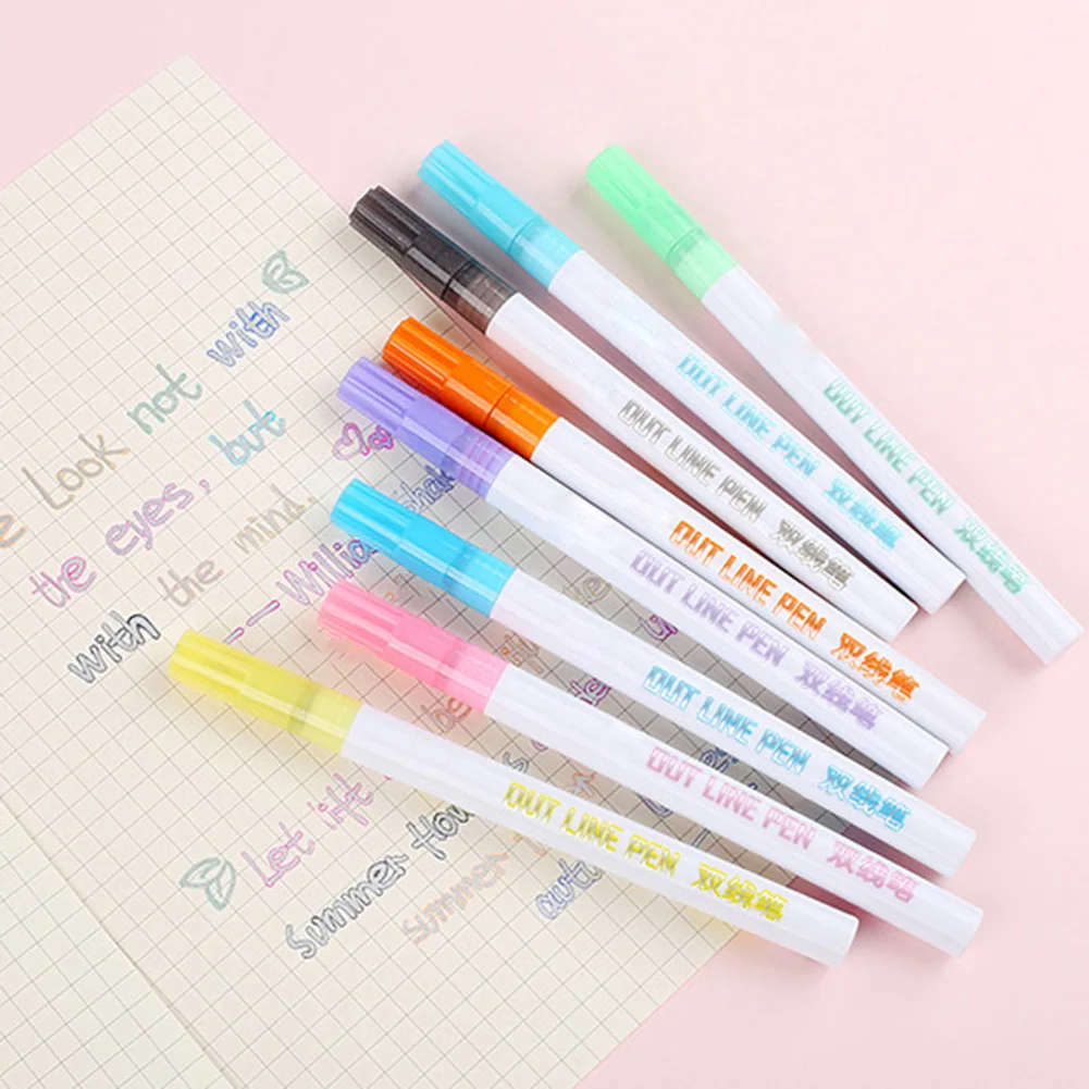 Double Line Pen 8 Colors Glitter Marker Fluorescent Outline Pens for Gift Card Writing Drawing DIY Art Crafts | Канцтовары для
