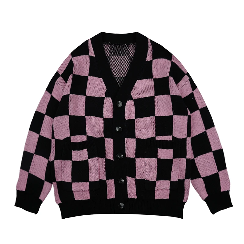 

Harajuku Checkerboard Autumn Pop Double Pocket Loose Knit Cardigan Mens and Womens V Neck Streetwear Oversize Casual Sweaters