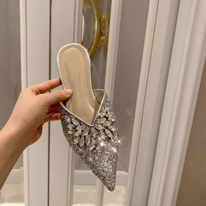 Шлепанцы kmeioo женские на плоской подошве летние блестящие туфли мюли заостренный