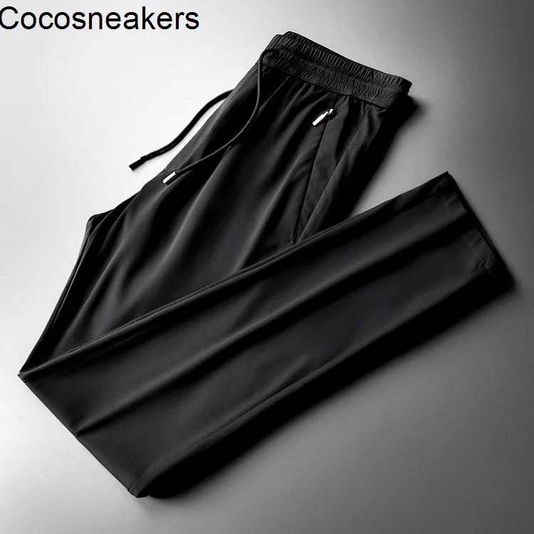 

Summer thin men's pants trend versatile silk smooth breathable anti wrinkle straight tube slim fit elastic waist men's black