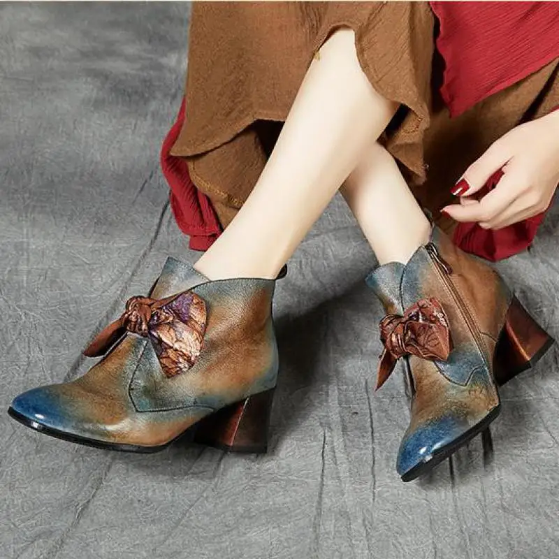 Johnature 2021 New Spring Platform Boots Women Shoes Retro Round Toe Genuine Leather Zip Square Heel Butterfly-knot Ankle | Обувь