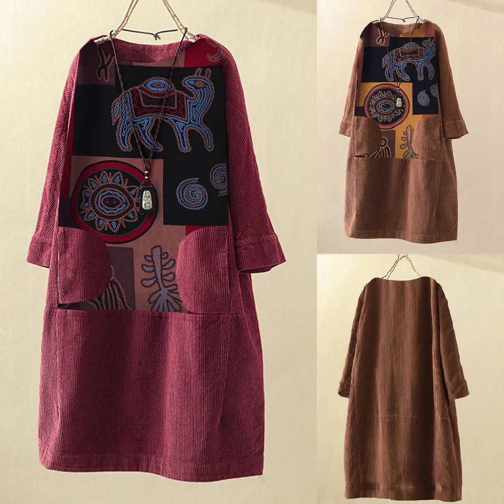 Женское винтажное вельветовое платье sukienki свободное зимнее с длинными рукавами