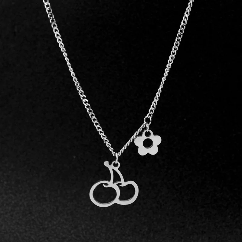 

Cute Flower Cherry Pendant Charm Necklace Stainless Steel Necklaces For Women Girl Accessories Silver Color Chain On Neck Choker