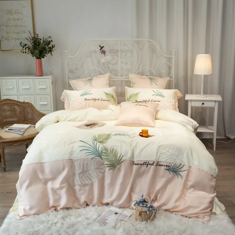 

Элегантный комплект постельного белья с вышивкой, 600TC, тенсел, семейное постельное белье, наволочка, размер Queen/King, с листьями, 4 шт.