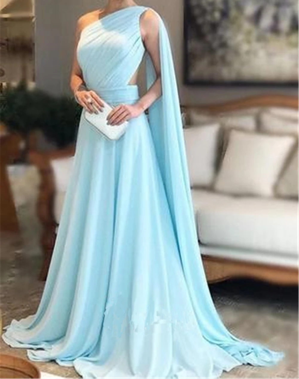 

Lanvendia Women Light Blue Chiffon Pleat Prom Dresses 2020 Sexy Back See Through Evening Gowns Vestido De Festa
