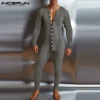 solid color men jumpsuits pajamas long sleeve hooded button comfortable rompers mens overalls nightwear homewear s 5xl incerun